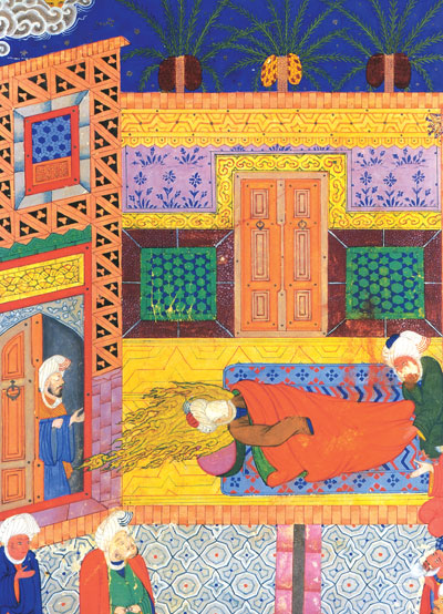  L’Imâm Ali dormant dans le lit du Prophète », artiste inconnu, Ahsan-ol-Kobar, 1580, Palais du Golestân.Cette représentation fait référence à la nuit où le prophète Mohammad quitta sa maison de La Mecque en secret pour émigrer à Médine, alors que les incroyants avaient projeté de le tuer le soir même dans son lit. Au péril de sa vie, ’Ali se coucha dans le lit du Prophète (s) afin qu’ils ne sentent pas son absence et que le Prophète puisse ainsi partir et rester en vie.