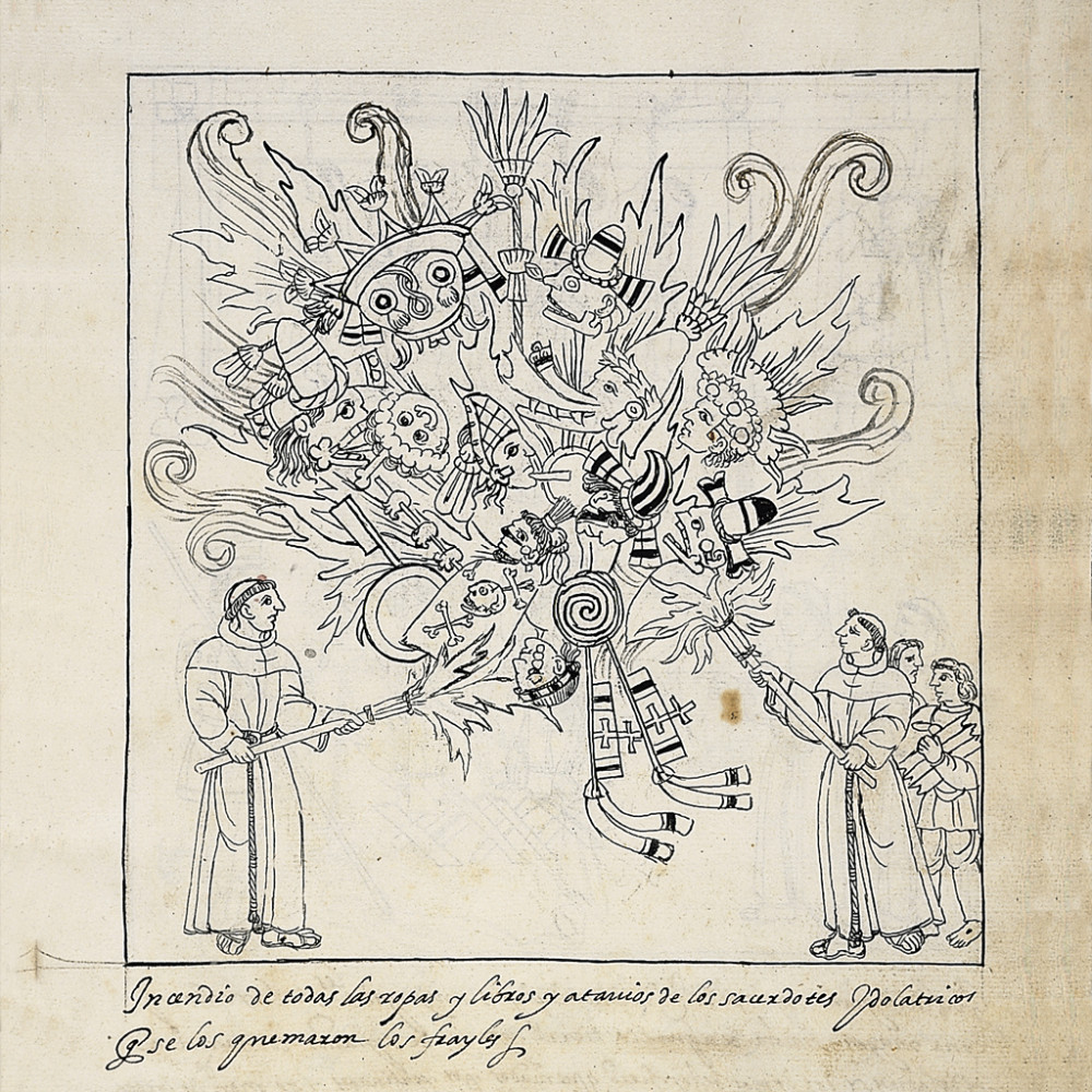 Destruction des idoles par le feu, dans L'Historia de Tlaxcala de Diego de Munoz Camargo, 1485, folio 242r