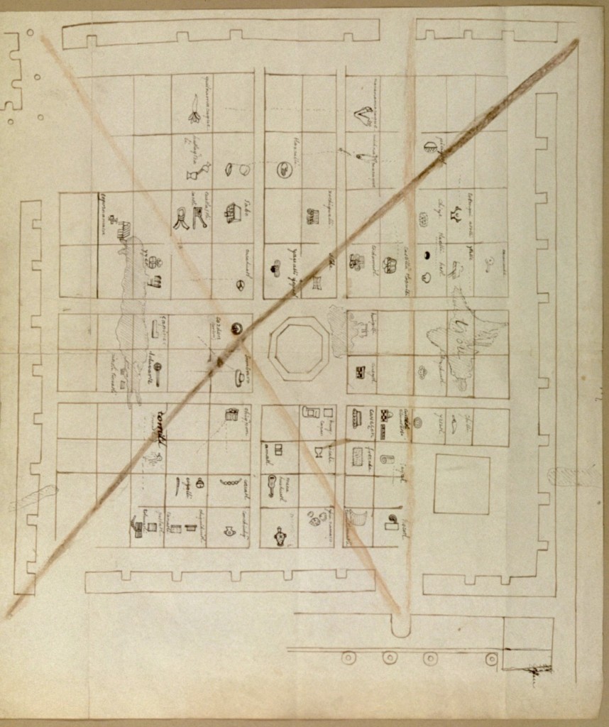 Plan du marché de San Juan Moyotlan, vers 1580.
